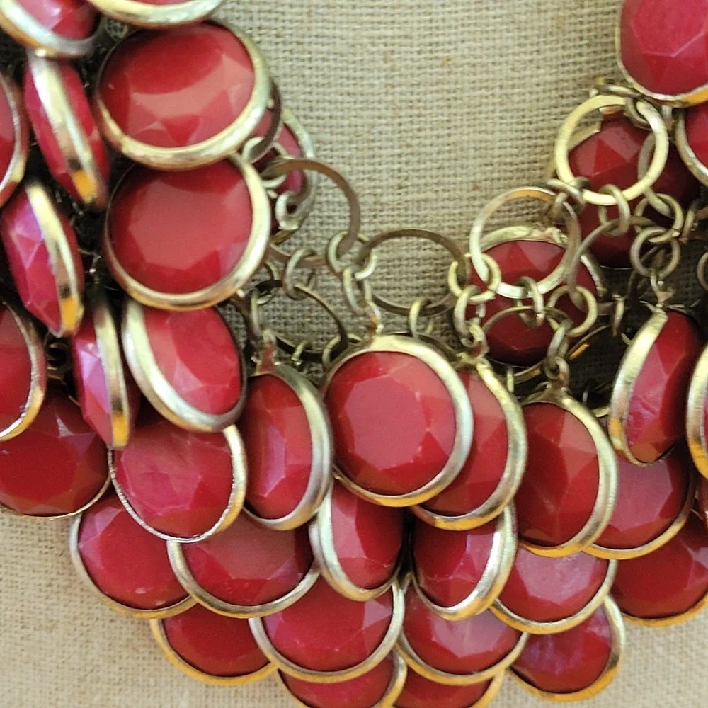 Chunky Faceted Bib Necklace Pair Black Red Cabochon Statement 20 Inch Lot Vtg
